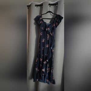 indulge Navy Floral Ruffle Wrap Maxi Dress